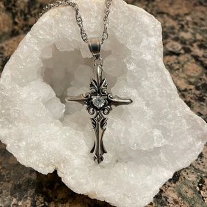 Stainless Steel Cross Pendant W/Crystal. 20” Chain W/lobster. Retail 86.00 NWT